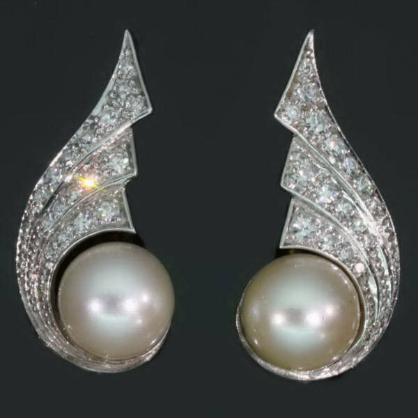 Vintage diamond pearl winged clip earrings, the Fifties